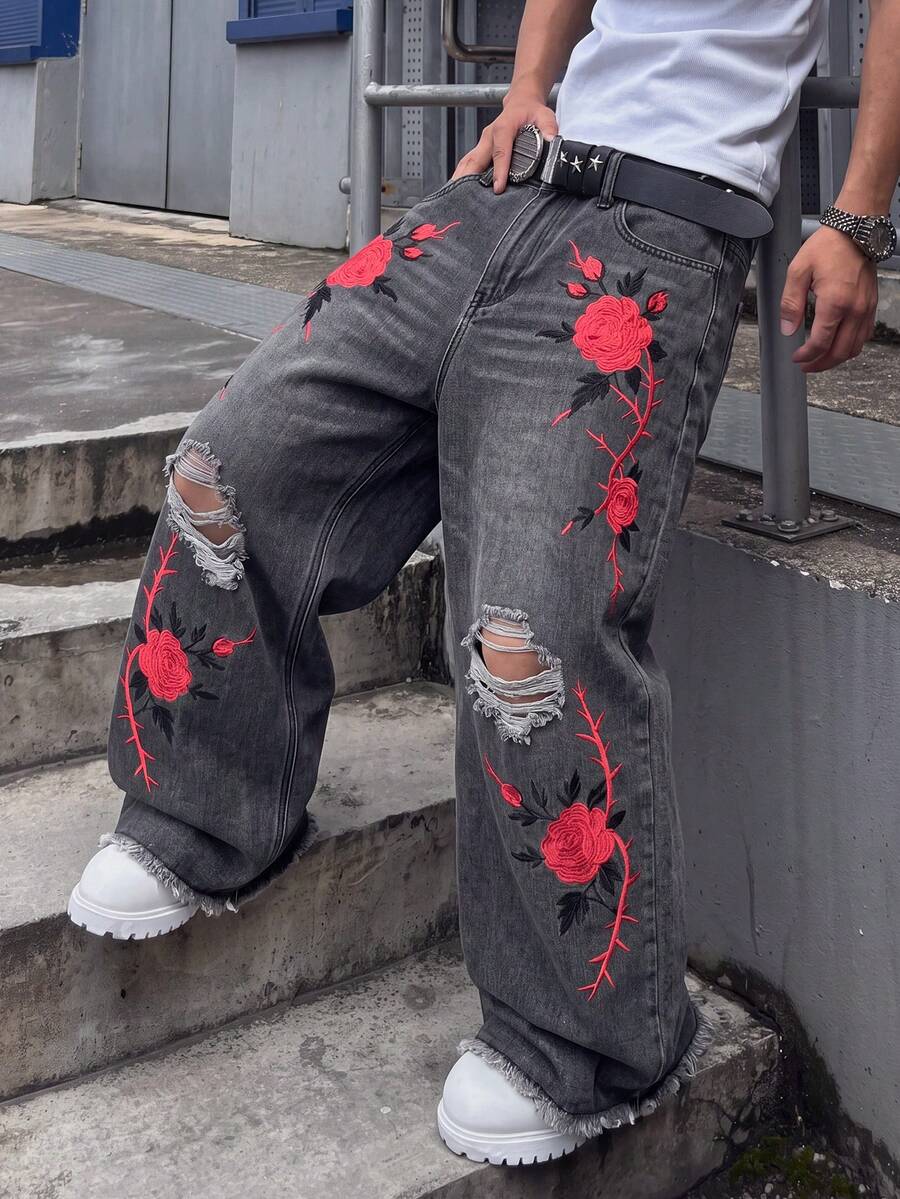 GALLERY FADE Men's Gothic Red Rose Embroidery Distressed Wide Leg Jeans, Y2K Punk Vintage Denim Pants - Light Grey - View 1