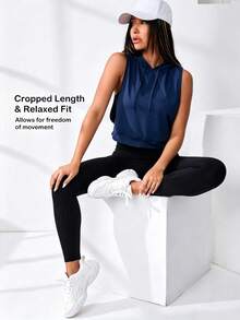 Dewbera Dewbera Women's Solid Color Drawstring Hooded Sleeveless Sports Sweatshirt Gym Workout Navy Blue Summer Active Athleisure Casual - Navy Blue - View 3