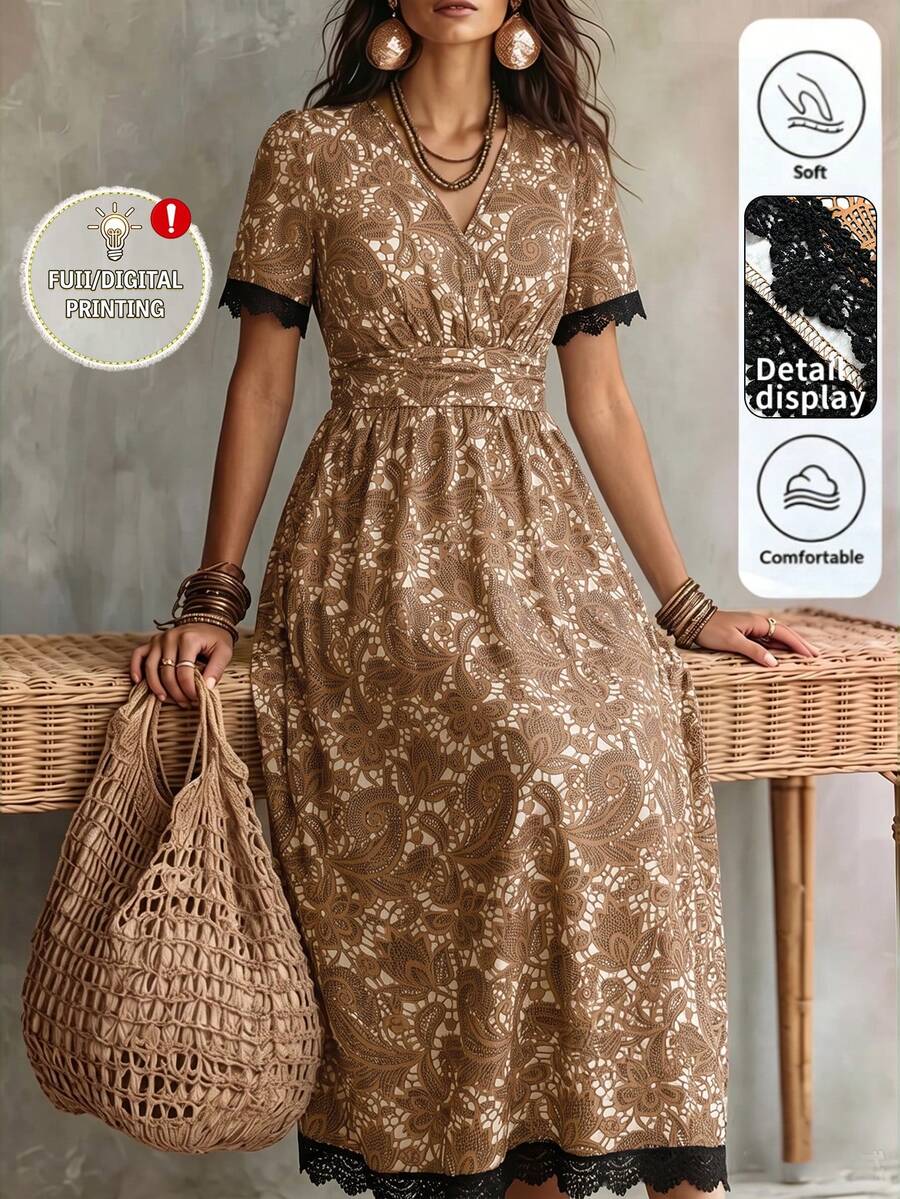 Linhara CURVE Gaun Patchwork Renda Motif Cetak Ukuran Plus dengan Potongan Pas Badan - Coklat - View 1