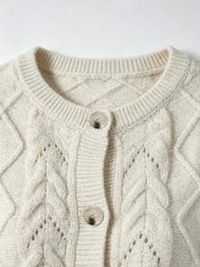 Autumina Apricot Round Neck Cable Knit Loose Casual Fashion Urban Modern Commute Minimalist Versatile Button-Up Cardigan For Women - Apricot - View 7