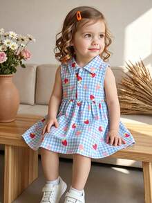 SHEIN Baby Girl 0-3years 1pc Casual And Cute Style Sleeveless Strawberry Printing ,Button Short Dress - Blue - View 2