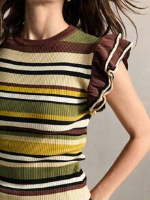 BizChic Women's Autumn/Winter Multi-Color Ribbed Ribbed Knit Sweater With Flutter Sleeves And Ruffle Hem, Elegant French Style, Suitable For Office Commute, Business Workplace Formal Wear, Halloween, Urban Daily Casual, Date, Birthday Party, Vacation, Countryside Style, Back To School Season, Church, Special Occasions, Wedding Guest, Minimalist - Multicolor - View 3