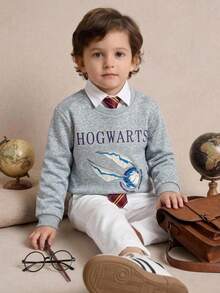 PrepCrw HARRY POTTER X SHEIN 小男孩圓領字母圖案休閒日常長袖運動衫 - 灰色 - 查看 5