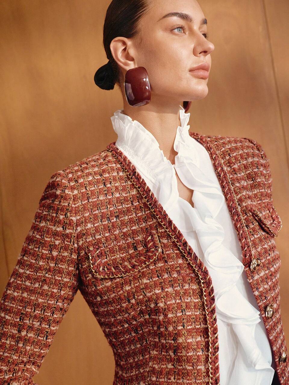 MOTF WOMEN'S RED SMALL CHECK TWEED LONG SLEEVE COMMUTER OVERCOAT