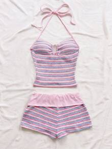 SHEIN Tween Girl Striped Colorblock Halter Tie Top And Shorts Casual Daily Set - Pink - View 2