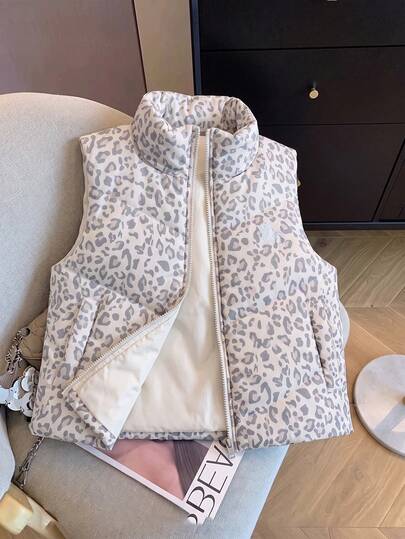SHEIN Teen Girls Long Sleeve Grey Leopard Print Pony Pattern Zipper Vest, Padded Coat, Fall, Back To School, Crop, Knit, Hoodie, Oversized, Warmth