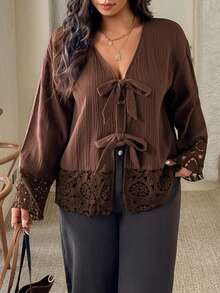 SHEIN Frenchy Plus Size Casual Lace-Up Ruffle Patchwork Textured Fabric V-Neck Long Sleeve Shirt - Brown - View 7