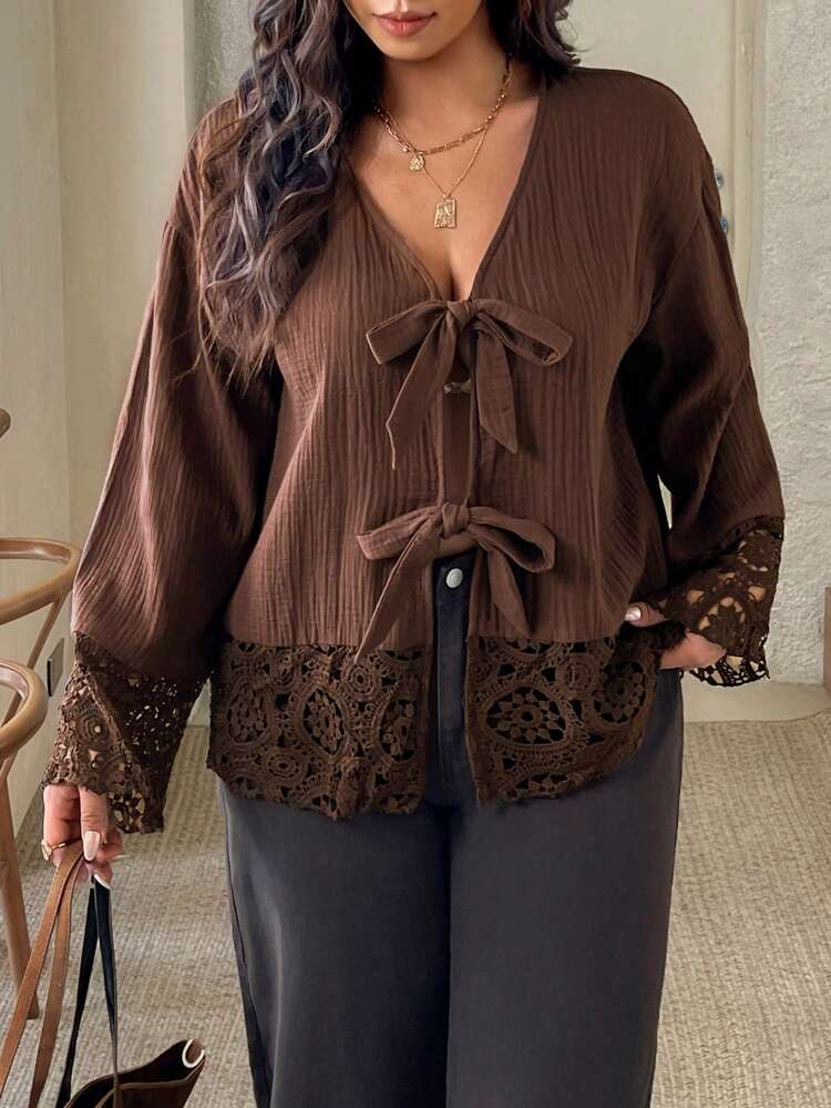 SHEIN Frenchy Plus Size Casual Lace-Up Ruffle Patchwork Textured Fabric V-Neck Long Sleeve Shirt - Brown - View 6