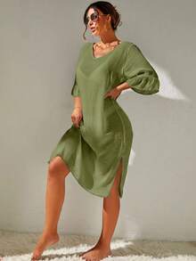 Swim Basics Women's Solid Color V-Neck Ruffle Sleeve Mask Dress For Vacation - Army Green - View 5