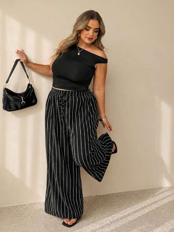 SHEIN CURVE+ Plus Size Women's Casual Commute Striped Wide Leg Pants, Cargo Pants, Comfortable For Autumn/Winter Fall