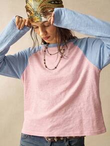 Bohemela Women's Colorblock Raglan Long Sleeve Crew Neck Casual T-Shirt - Pink - View 5