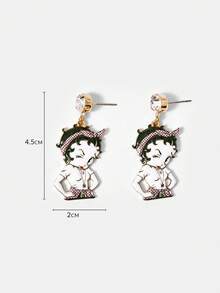 Betty Boop x SHEIN A Pair Of New Creative Cartoon Pattern Printed Diamond Stud Earrings, Cute Casual, Suitable For All Kinds Of Parties, Concerts, Festivals, Exquisite G - Gold - View 5