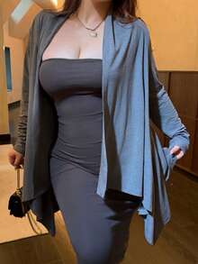 Vibekara Plus Size Casual Baggy Loose Shawl Thin Jacket Autumn Club Party Grey - Dark Grey - View 3