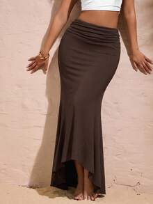 Opulessa Rok Wanita Polos Kasual Elegan Serbaguna untuk Sehari-hari, Cocok untuk Kencan, Makan Malam, Cokelat Tua, Musim Gugur - Coklat - View 3