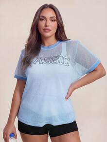 SHEIN Rhythm Era Women's Plus Size Letter Graphic Casual Daily Wear Sports T-Shirt - Blue - View 4