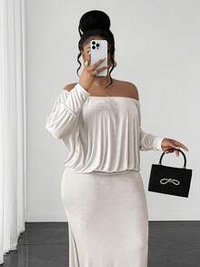 Maweii Vestido largo de punto elegante y casual para mujer de talla grande, versátil y único, con hombros descubiertos, mangas de murciélago y cintura ceñida, adecuado para verano, vuelta al colegio, graduación, Día de San Valentín, festival de música, Día de la Madre, Halloween, Acción de Gracias, Pascua, Día Nacional, baile de graduación, cita, fiesta, salida, etc. - Albaricoque - Ver 4