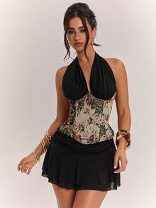 SHEIN BAE 女款春夏魅力性感優雅拼色可正反穿修身束腰上衣，夏季上衣，棕色上衣，外出上衣，夜店上衣，優雅上衣 - 黑色 - 查看 5