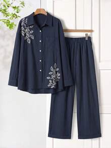 EMERY ROSE Women's Leaf Embroidered Pattern Long Sleeve Top And Pants Casual Daily Outfit - Blue - View 3