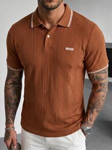 Manfinity Homme 休閒男士字母印花條紋短袖 Polo 衫 - 棕色 - 查看 5