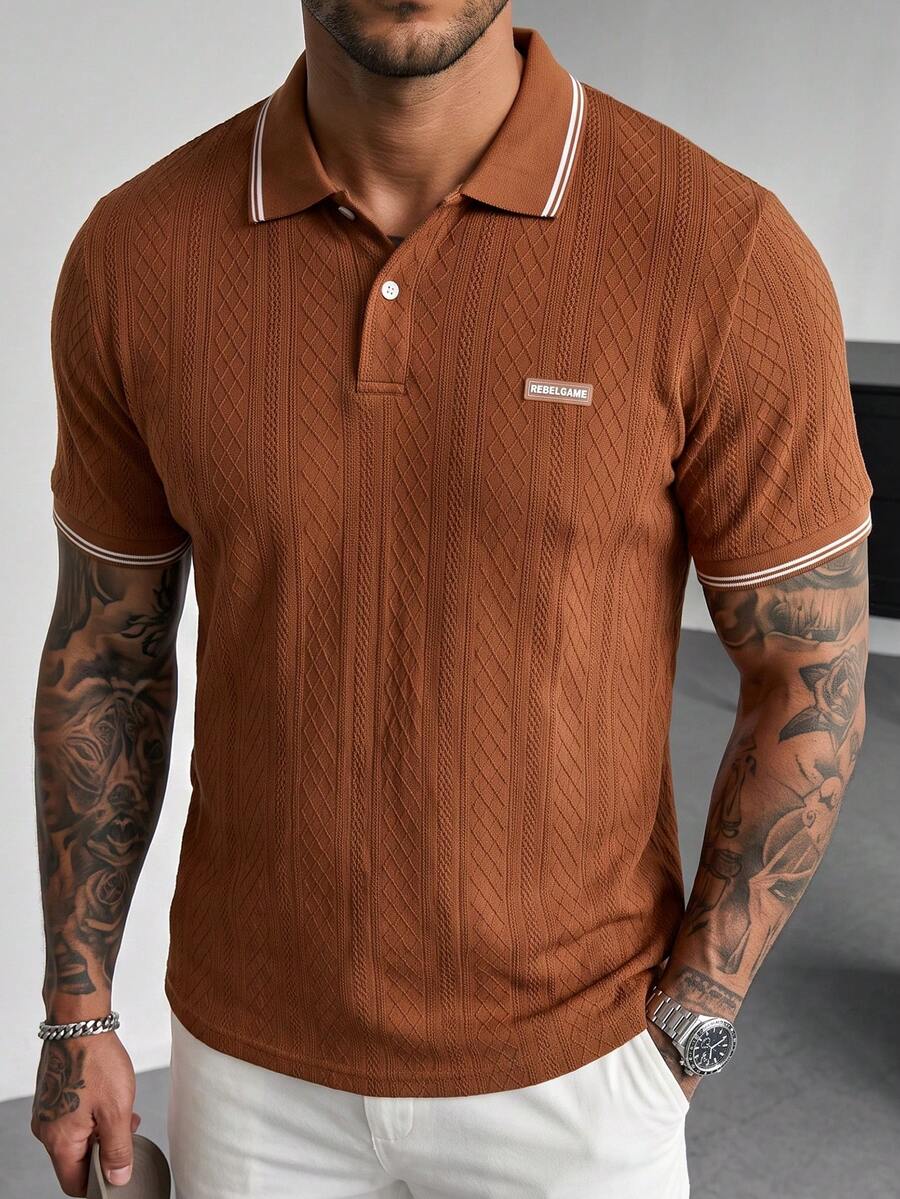 Manfinity Homme Casual Men's Letter Print Striped Short Sleeve Polo Shirt - Brown - View 1