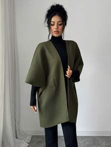 Elenzga Olive Green Batwing Sleeve Faux Pocket Decor Cardigan Overcoat Jacket Office Fall Casual - Green - View 3