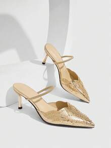 CUCCOO SZL Champagne Gold Sequins Pointed Stiletto Strap Sandals, Light Luxury Banquet Style Woven Stiletto High Heels Women Fall Shoes - Rose Gold - View 1