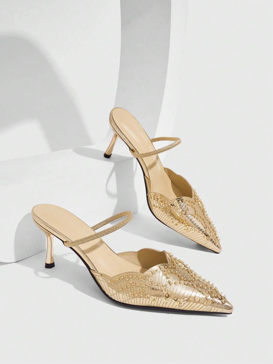 CUCCOO SZL Champagne Gold Sequins Pointed Stiletto Strap Sandals, Light Luxury Banquet Style Woven Stiletto High Heels Women Fall Shoes - Rose Gold - View 1