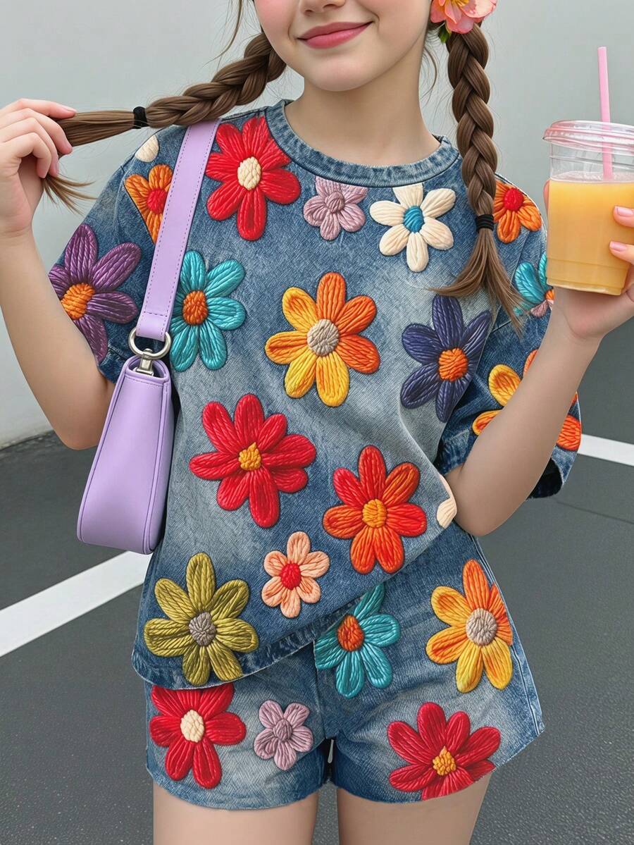 青少年女孩休閒可愛趣味紋理碎花、甜美奶油風、花卉田園風、圓領短袖T恤寬鬆短褲兩件套,適合春夏季,圖案印花、舒適、女孩套裝、Y2k、復古、度假 - 彩色 - 查看 1