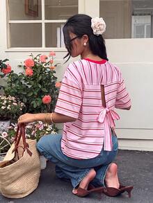 Serisse 女款條紋拼接色塊休閒百搭日常穿搭T恤 - 淡黃色 - 查看 13
