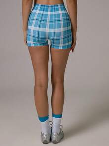 Musera Sport Checkered Print Seamless High Waist Fitted Active Coord Mini Shorts Gym Pilates Daily Running - Blue - View 5