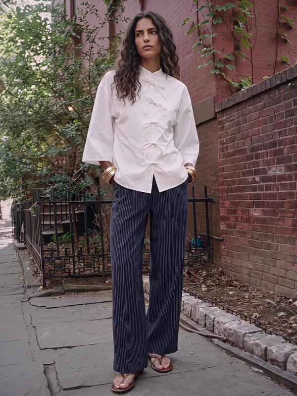 Maija Navy Blue Striped Pleated Wide Leg Pants For Women, Casual Urban Autumn Elegant Casual Formal Business Going Out Ceremony