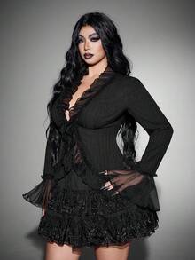 Whyspr Plus-Size Women's Ruffled Hem Bell Sleeve See-Through Halloween Goth Top Fall - Black - View 4