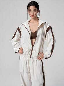 DAZY Spring/Autumn Korean Style Stand Collar Long Sleeve Color Block Striped Patchwork Motorcycle Jacket Straight Leg Pants Outdoor Casual Streetwear Women's Sports Set - Beige - View 5