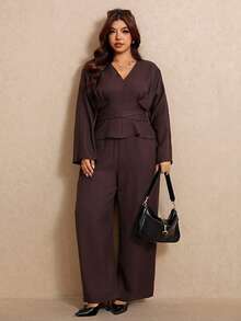 Elaquor Plus Size Women Solid Color V-Neck Long Sleeve Top And Pants Casual Everyday 2-Piece Set Fall/Winter Elegant Office Work Brown 2 Pieces Set For Women - Coffee Brown - View 7