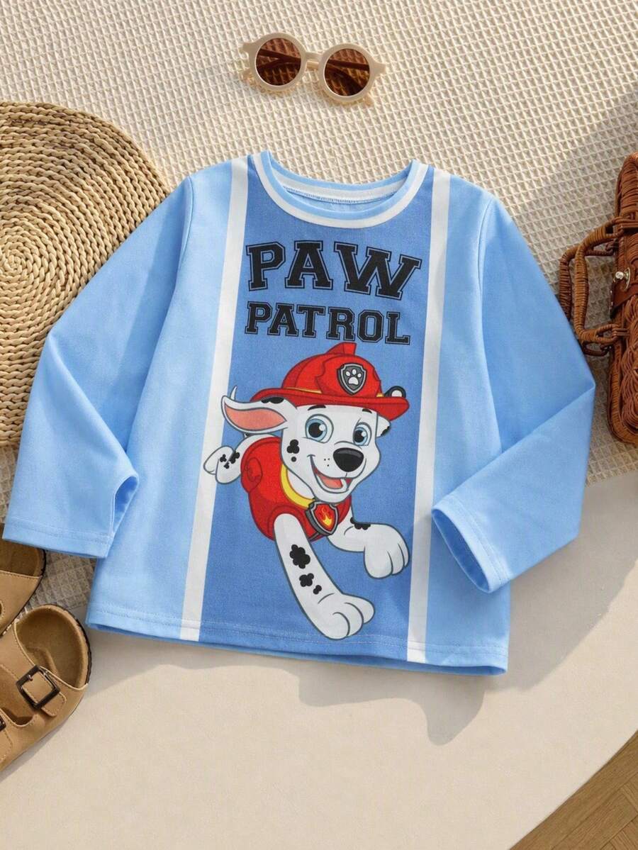 Maija Kids SHEIN | PAW Patrol Maija Kids 小男孩可愛休閒百搭卡通圖案拼色長袖T恤,舒適面料,適合日常穿著,休閒時尚 - 藍色 - 查看 1