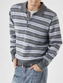 DAZY Men's Blue Grey White Striped Polo Collar Sweater, Spring Autumn - Multicolor - View 5