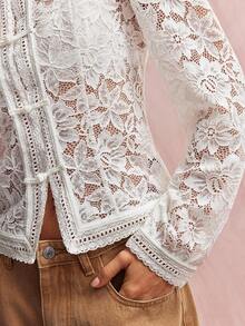 Willow Rêve Women's White Floral Lace Long Sleeve Top With Mandarin Collar And Frog Button Closure, Elegant Casual Romantic Blouse For Wedding Dinner Party Garden - White - View 5