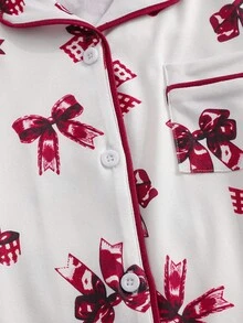 青少年女孩蝴蝶結印花長袖單排扣上衣與長褲居家服套裝 秋冬款 - 粉色 - 查看 8