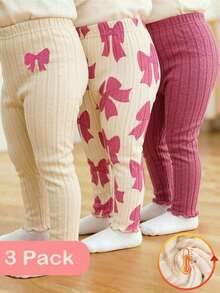 SHEIN Vintaside Kids 3件組女嬰緊身褲，粉色，蝴蝶結印花，杏色，簡約甜美風，直筒寬鬆版型，夏秋日常旅行穿著 - 彩色 - 查看 3