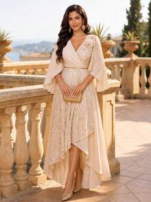 Auveirra Plus Size Women's V-Neck 3D Floral Decor Casual Party & Travel Dress Fall Elegant - Khaki - View 9