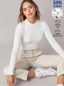 SHEIN BASICS Women's White Minimalist Modest Basic Casual Round Neck Long Sleeve T-Shirt For Daily Wear Everyday Daytime Fall Work School - White - View 6