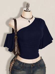 SHEIN ICON 女款素色不對稱領休閒百搭日常上衣 - 藏蓝色 - 查看 8