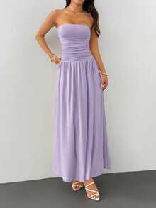 SHEIN PETITE Gaun Elegan Wanita Model Bandeau Berlipit Warna Polos - Mauve Purple - View 7