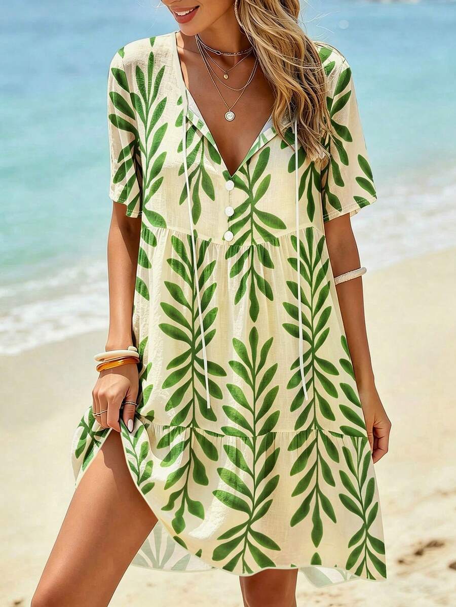 EMERY ROSE Women's Plus Size Tie Neck Green Leaf Print Dress, Vacation Style Beach Wear, Suitable For Holidays And Outdoor Activities - Multicolor - View 1