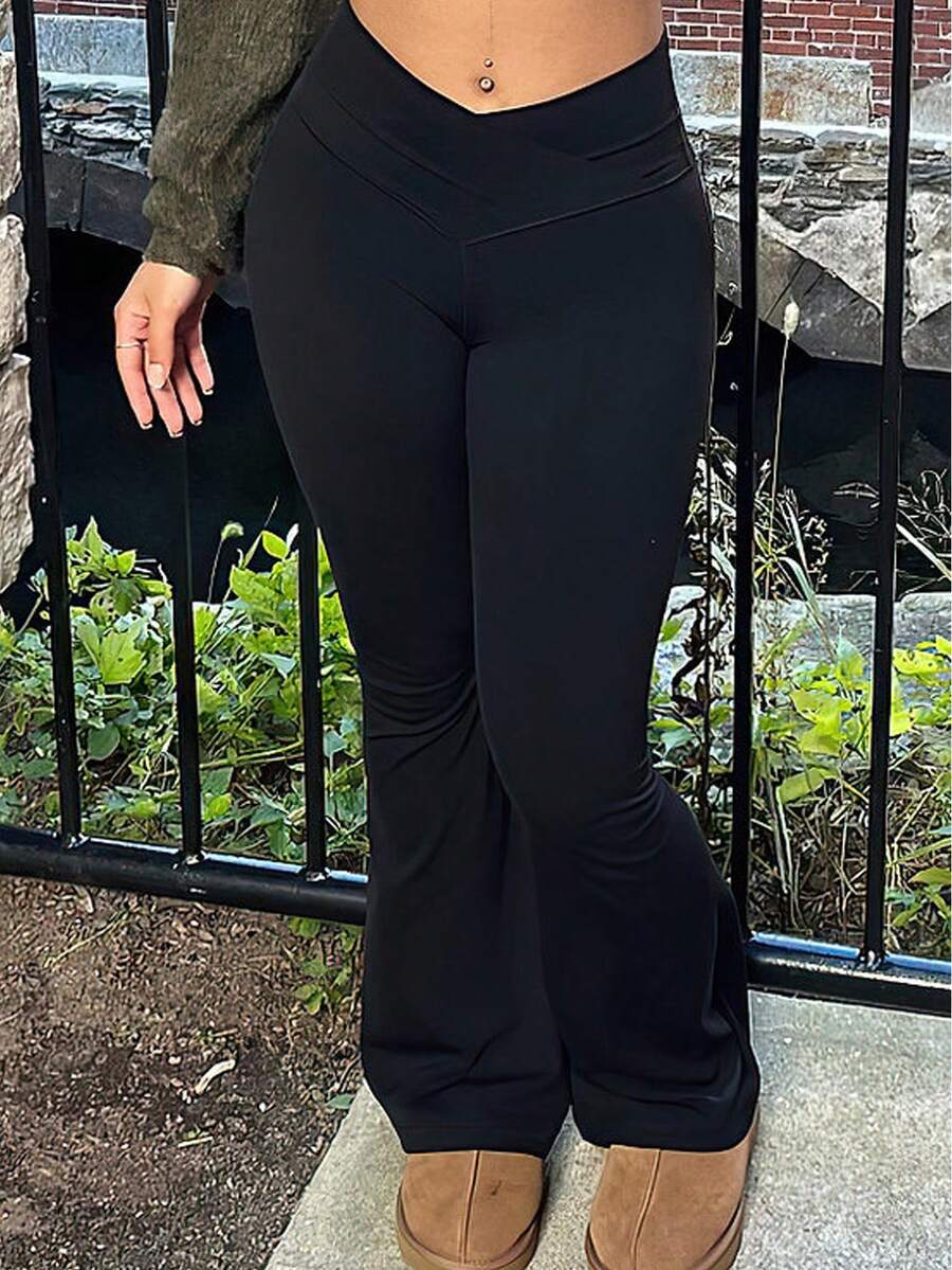 Slaydiva Plus Size Women High Waist Criss-Cross Design Flared Leg Leggings New Year Party