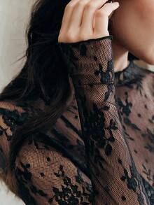 Anewsta Women's Solid Color Lace See-Through Sexy Long Sleeve Top - Black - View 2