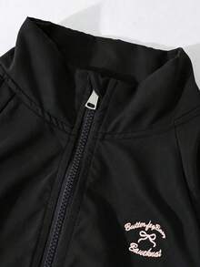 SHEIN 女童休閒百搭簡約夾克套裝，秋季穿搭，胸前字母刺繡，袖口與褲側緞帶蝴蝶結，彈性袖口與下擺 - 黑色 - 查看 6