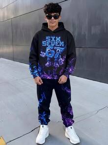 SHEIN 兒童青少年男孩休閒運動街頭時尚火焰67圖案連帽衛衣與運動長褲套裝，適合通勤、上學、日常休閒外出、運動，秋冬穿著 - 黑色 - 查看 3