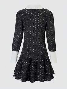 SHEIN 青少年女孩甜美學院風蝴蝶結金屬扣拼接 2 合 1 休閒洋裝，針織、抓皺、碎花、荷葉邊，秋季服飾，萬聖節，校園 - 黑色 - 查看 2