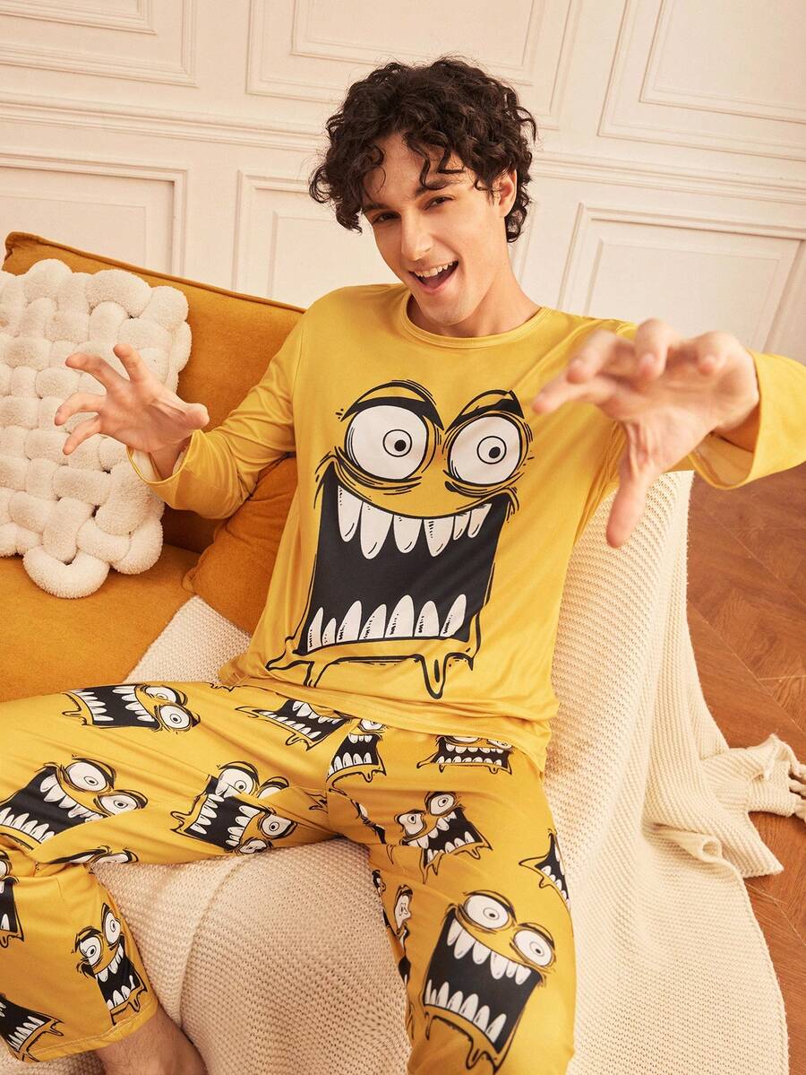 Provexi Provexi Men's Funny Cow & Horse Print Long Sleeve Top And Pants Loungewear Set - Yellow - View 1